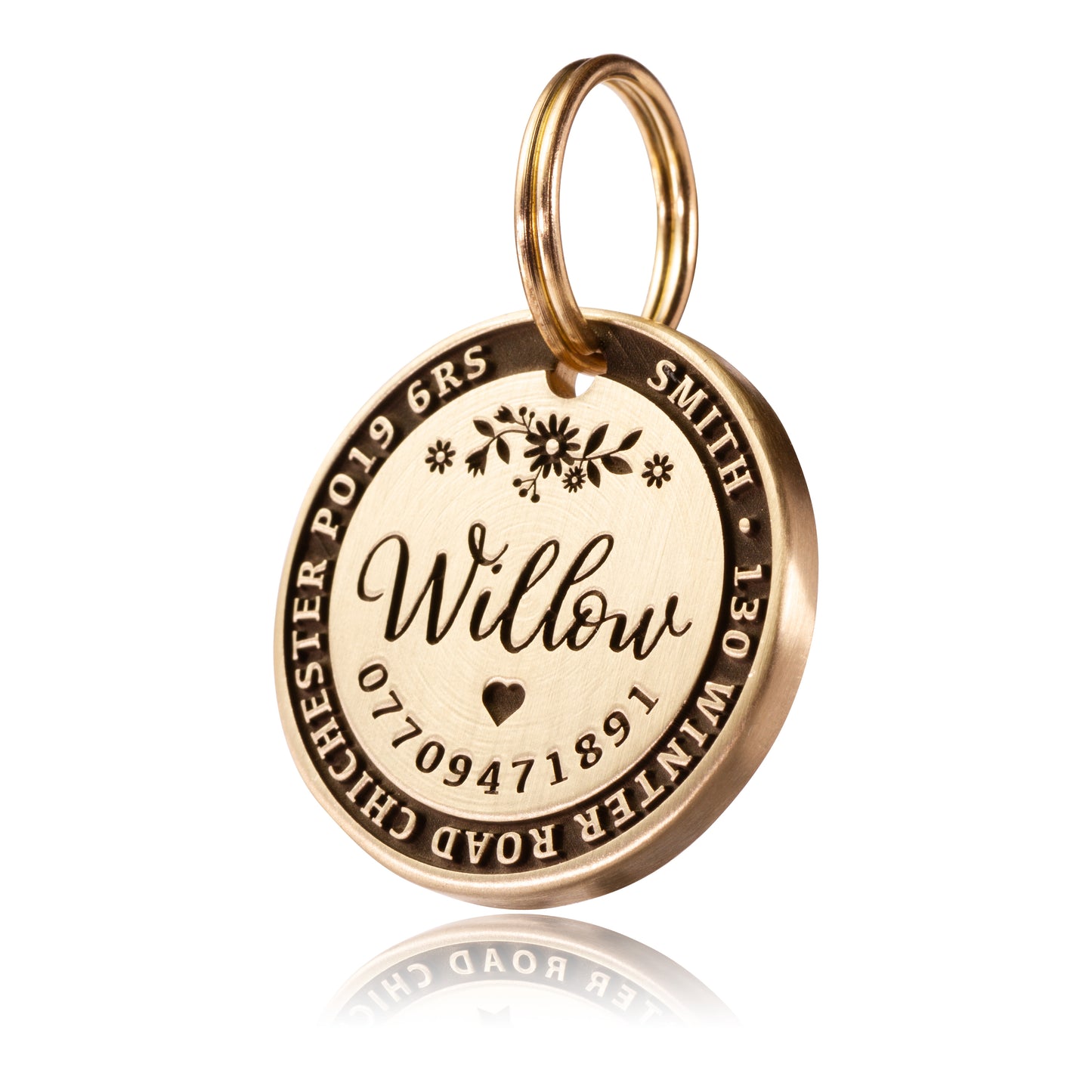 Deep Engraved, Solid Brass / Stainless steel Dog / Pet ID Tag / Floral Design