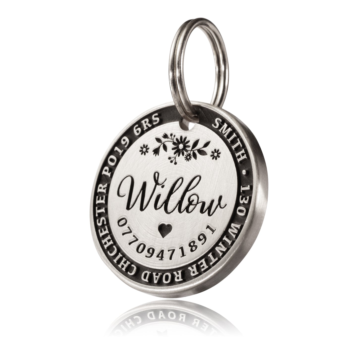 Deep Engraved, Solid Brass / Stainless steel Dog / Pet ID Tag / Floral Design