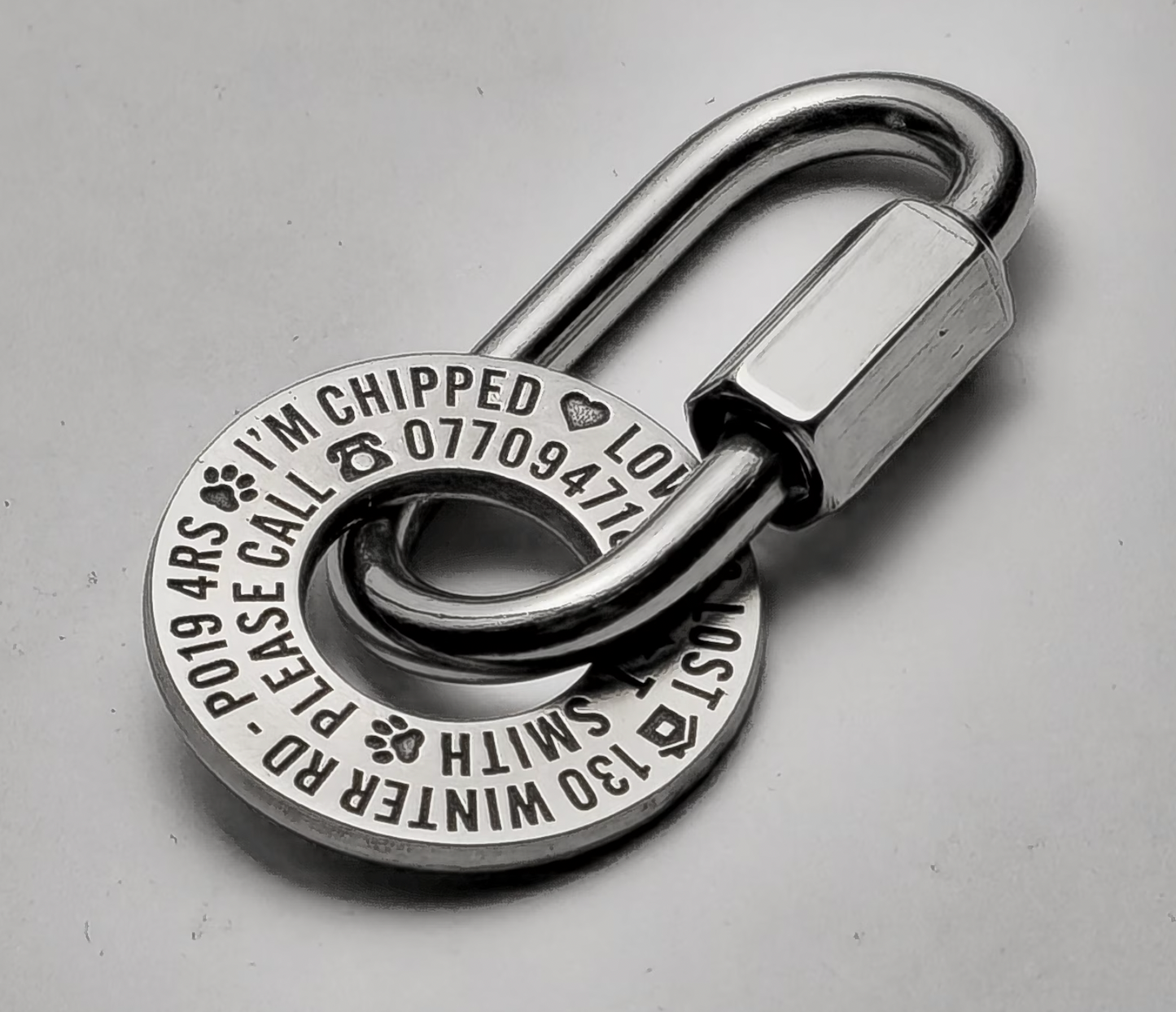 Heavy Duty, Deep Engraved, Stainless Steel Dog / Pet ID Tag with attachable D-Link