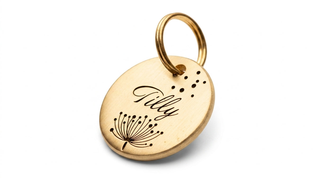 Dandelion Design, Deep Engraved, Solid Brass / Stainless steel Dog / Pet ID Tag