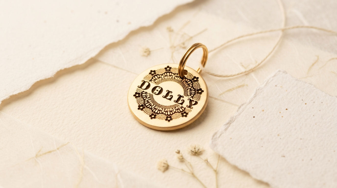 Doily Design, Deep Engraved, Solid Brass / Stainless steel Dog / Pet ID Tag