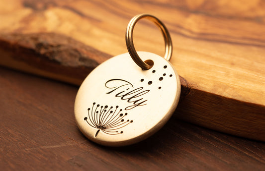 Dandelion Design, Deep Engraved, Solid Brass / Stainless steel Dog / Pet ID Tag