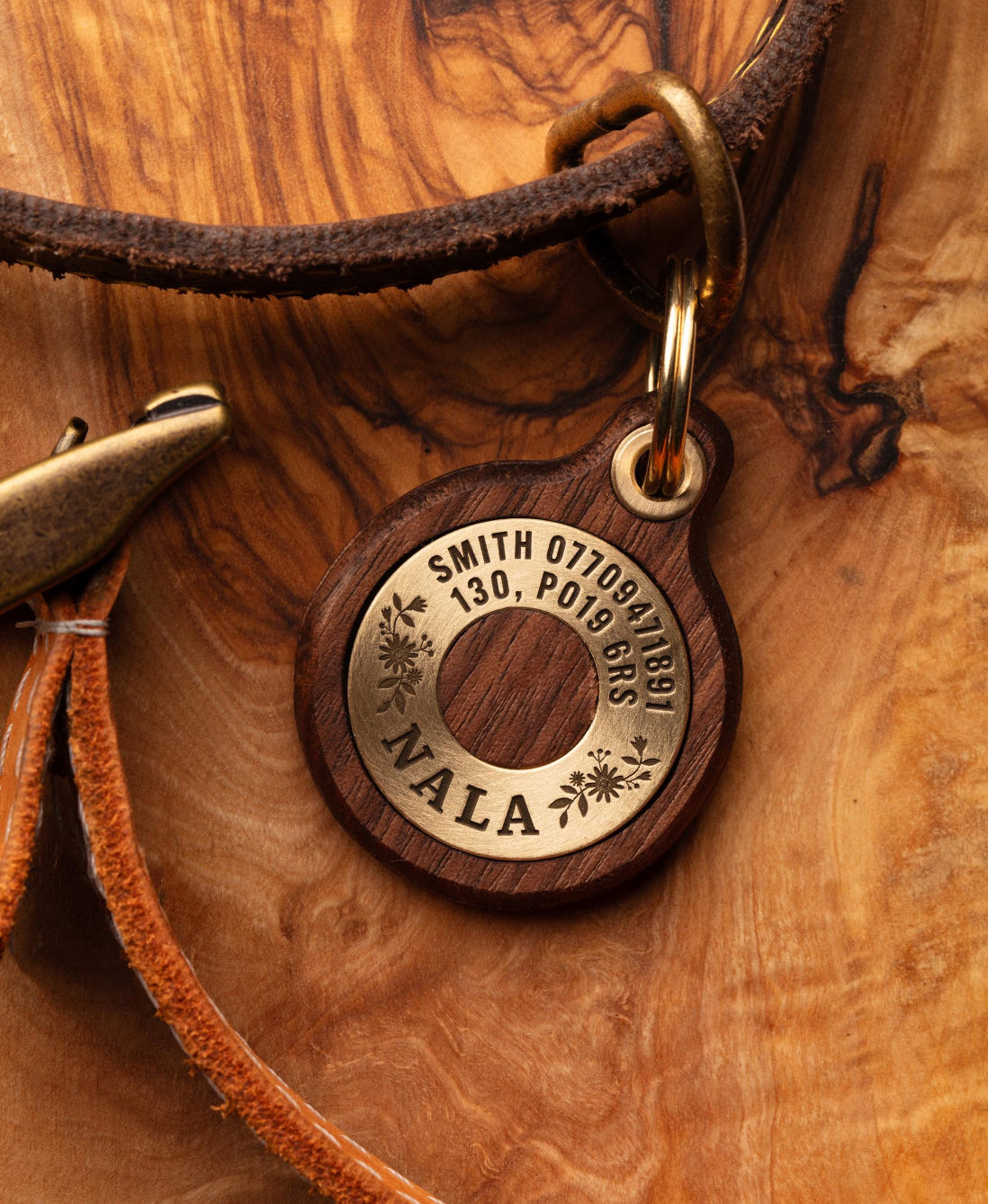 Deep Engraved, Wood & Solid Brass Pet ID Tag