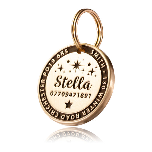 Deep Engraved, Solid Brass / Stainless steel Dog / Pet ID Tag / Star Design