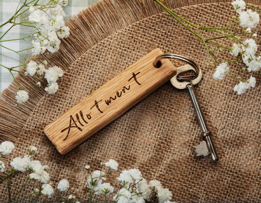 Reclaimed Oak Keyring Custom Engraved Allotment
