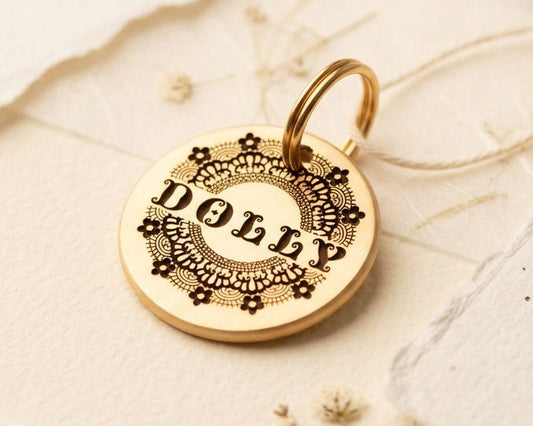 Doily Design, Deep Engraved, Solid Brass / Stainless steel Dog / Pet ID Tag