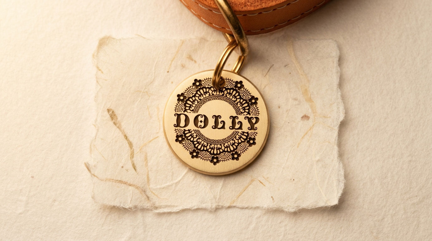 Doily Design, Deep Engraved, Solid Brass / Stainless steel Dog / Pet ID Tag