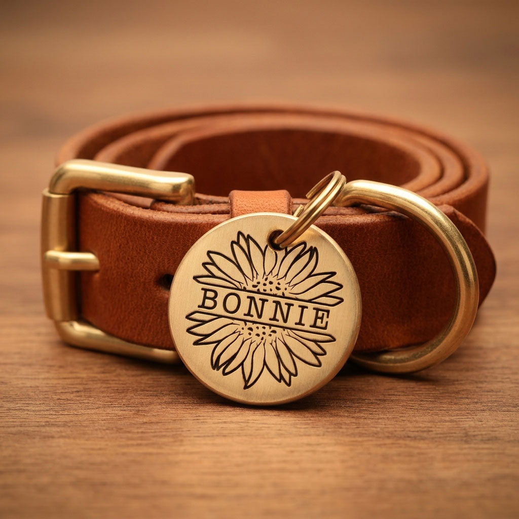 Sunflower Design, Deep Engraved, Solid Brass / Stainless steel Dog / Pet ID Tag