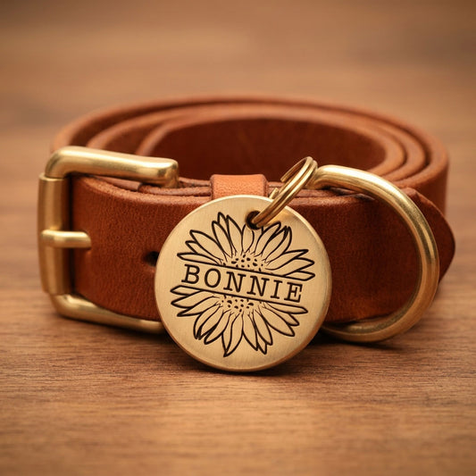Sunflower Design, Deep Engraved, Solid Brass / Stainless steel Dog / Pet ID Tag