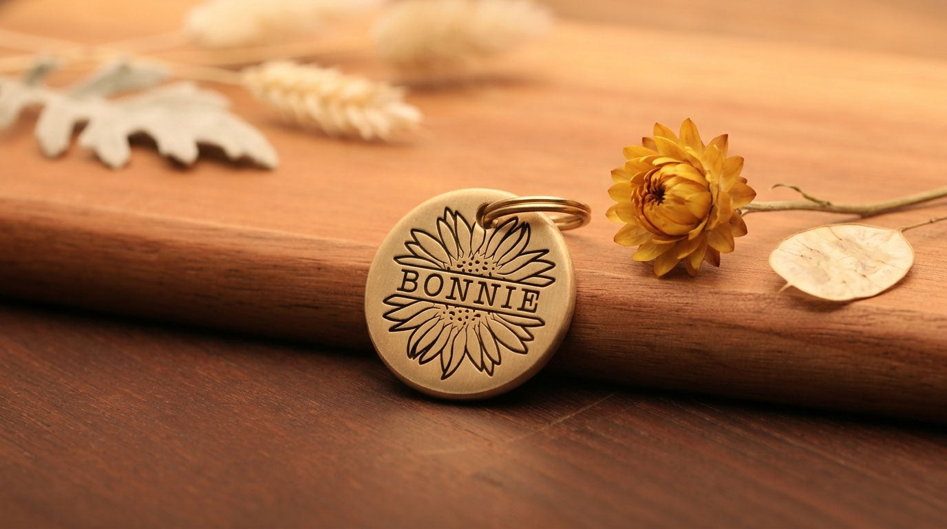 Sunflower Design, Deep Engraved, Solid Brass / Stainless steel Dog / Pet ID Tag