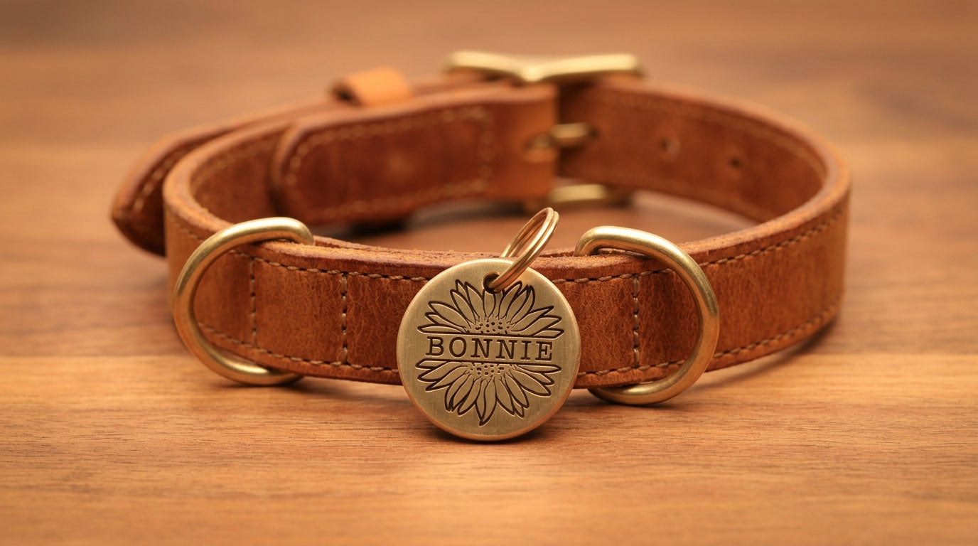 Sunflower Design, Deep Engraved, Solid Brass / Stainless steel Dog / Pet ID Tag