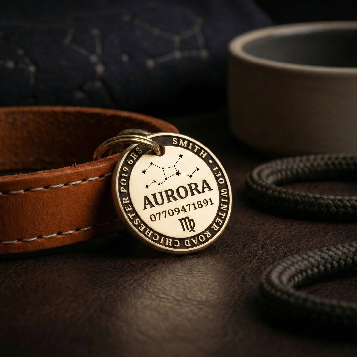Brass pet tag with 'AURORA' engraved, on a leather collar with a dark background.